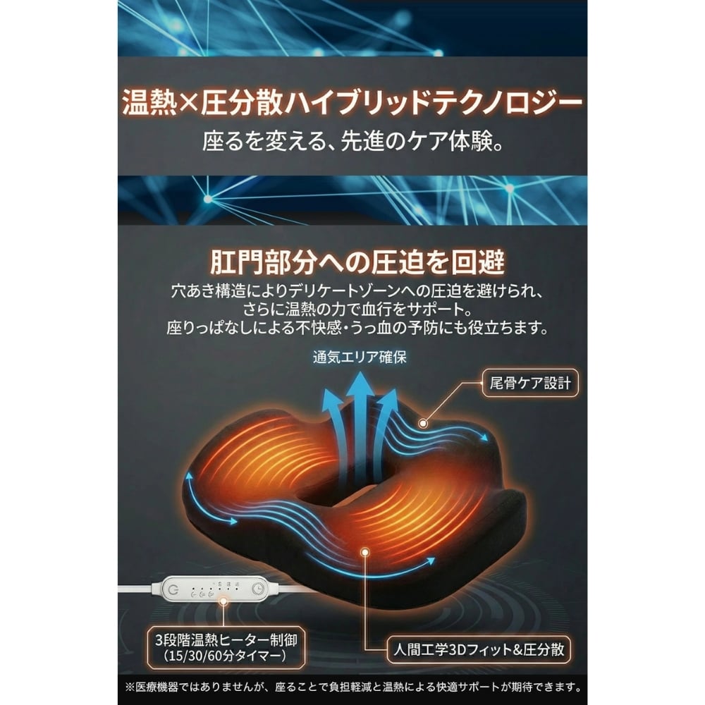 【ラッピング無料】ヒーター式 ドーナツ円座クッション 温熱 3段階温度調整 タイマー付き USB Type-A 低反発 産前産後 デスクワーク ギフト 妊婦