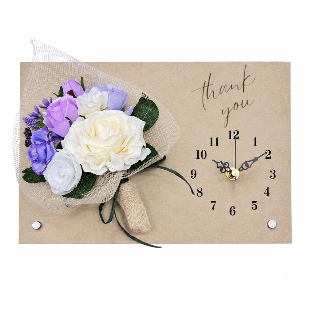 ◆花時計 【Wood Clock ウッドクロック・横型タイプB（時計右）・ホワイト/ピンク/ブルー/パープル/ビタミンカラー】掛け時計・置時計 ハンドメイド 文字入れ・変更可能