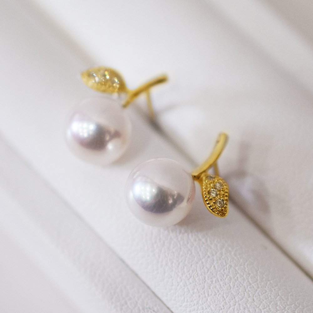［pearl553］ 7.5mm -  8mm パール ピアス リンゴ ダイヤ あこや真珠 K18YG 0.02ct ダイヤモンド 珍珠 天草