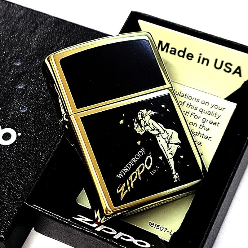 ZIPPO ウインディハート ブラス×ブラック ジッポ Windy ライター メンズ 両面プリント加工 おしゃれ ギフト 金 メンズ プレゼント Heart 黒 ウインディ かっこいい オイルライター レディース