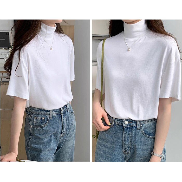 モックネックTシャツ 通販 半袖カットソー ドロップショルダー タートルネック ストレッチ素材 カジュアル 伸縮性 ゆるTシャツ 無地 シンプル 首元カバー 日よけ対策 プルオーバー 春夏秋 無地Tシャツ おしゃれ オシャレ