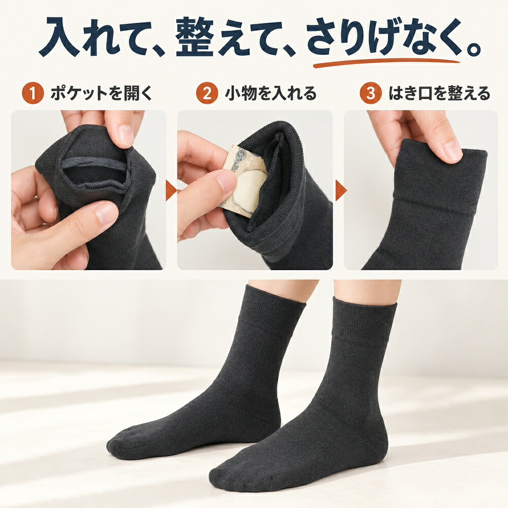 ポケットインソックス / 靴下 ソックス 隠しポケット付き セキュリティソックス 貴重品収納 防犯対策 旅行 海外旅行 現金 鍵 小物収納 二重構造 クラビオン キチンキトサン /見た目は普通の靴下なのに現金や鍵をこっそり収納できる