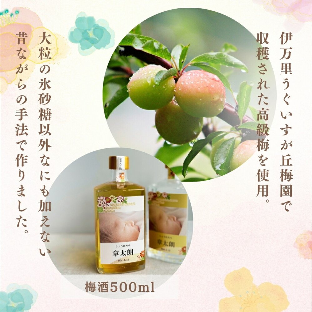 al306 写真名入れ 金箔入り 本格焼酎 梅酒＆麦焼酎 佐賀県産 500ml 2本セット (出産内祝 内祝 お祝い 記念日 プレゼント)送料無料