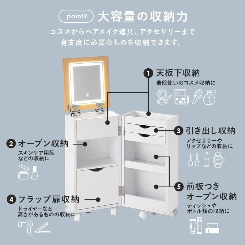 コスメワゴン キャスター付き ライト付き コスメボックス 化粧台 サイドワゴン ドレッサー ミラー付き コスメテーブル 木製 机 幅30.5cm シンプル ホワイト テレワーク 収納ボックス コスメ 収納 化粧品 引出し 収納付