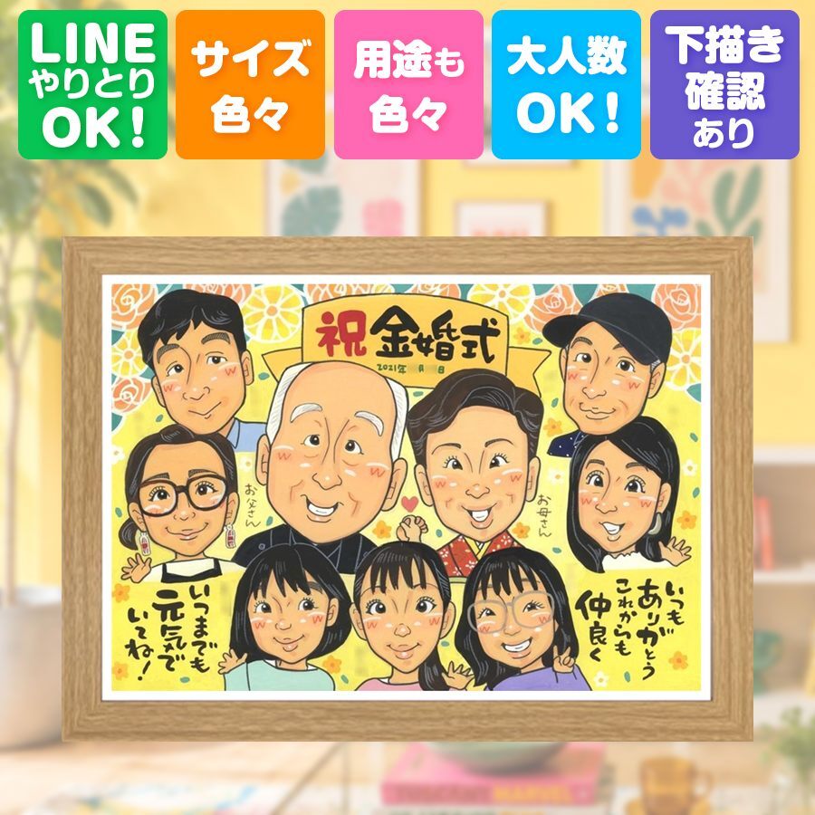似顔絵 金婚式 贈り物 ギフト プレゼント 手描き 名入れ 金婚式 結婚記念日 結婚50周年 お祝い 記念日 大人数 夫婦 両親 お父さん 家族 祖父母 お母さん 下書き確認 修正無料 名入れ かわいい 似てる 親孝行 宝物 長寿 感謝 思い出 50周年 同窓会 百寿祝い お祝いの品 卒寿祝い 感激 色紙 二次会 応援 メモリアル 結婚祝い 傘寿祝い ハロウィン