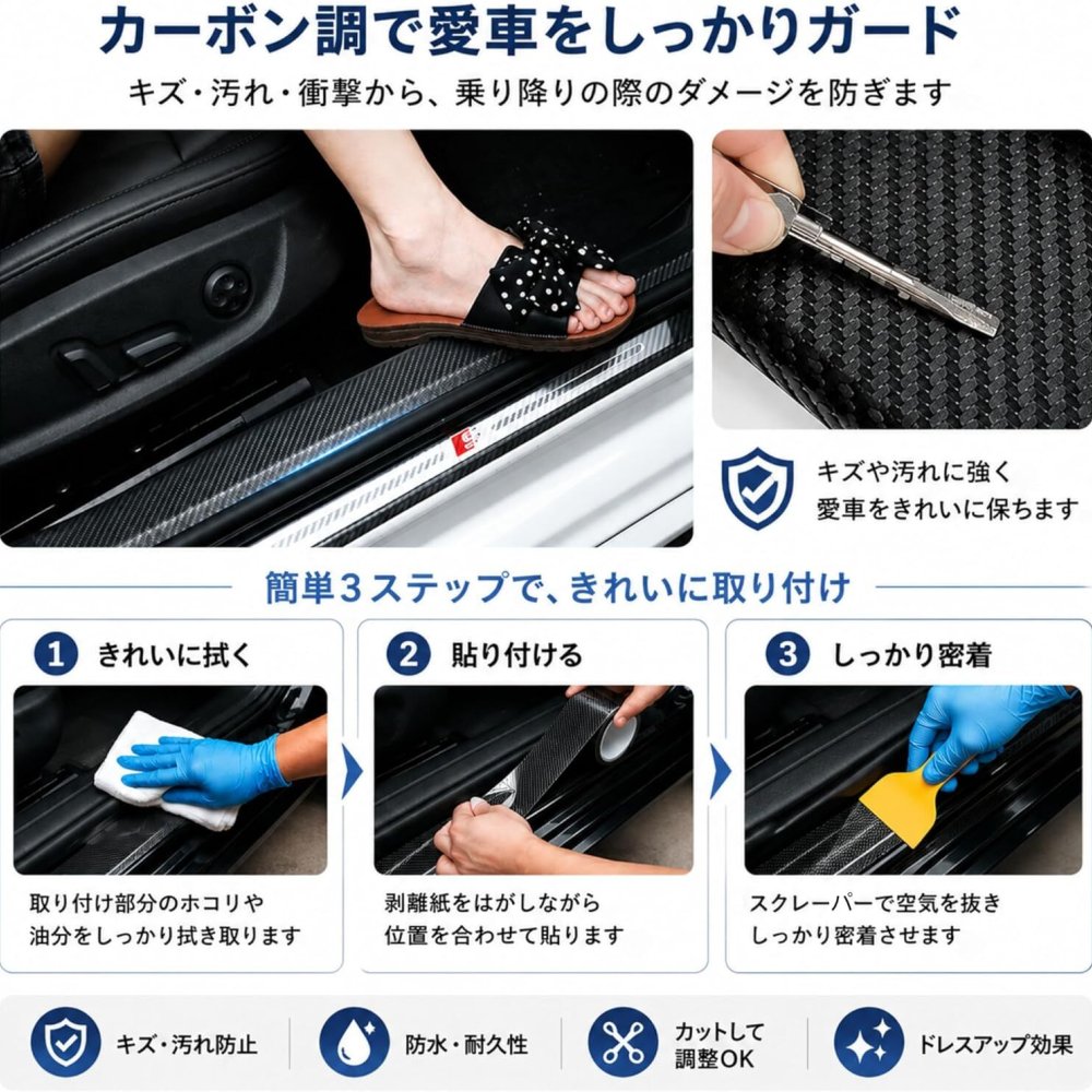 車用 サイドステップ保護フィルム カーボン調 5cm/10cm幅 傷防止 ドアステップガード 簡単貼り付け 汎用タイプ LB0H2DBG8XJ
