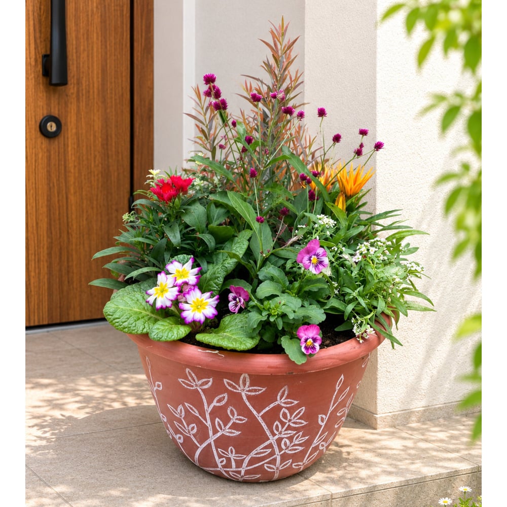 季節の寄せ植え リーフ柄 軽量プラスチック鉢 内径24cm  （レッド ・4色展開）６～7種類のお花で構成 ラッピング不可 ギフトメッセージOK