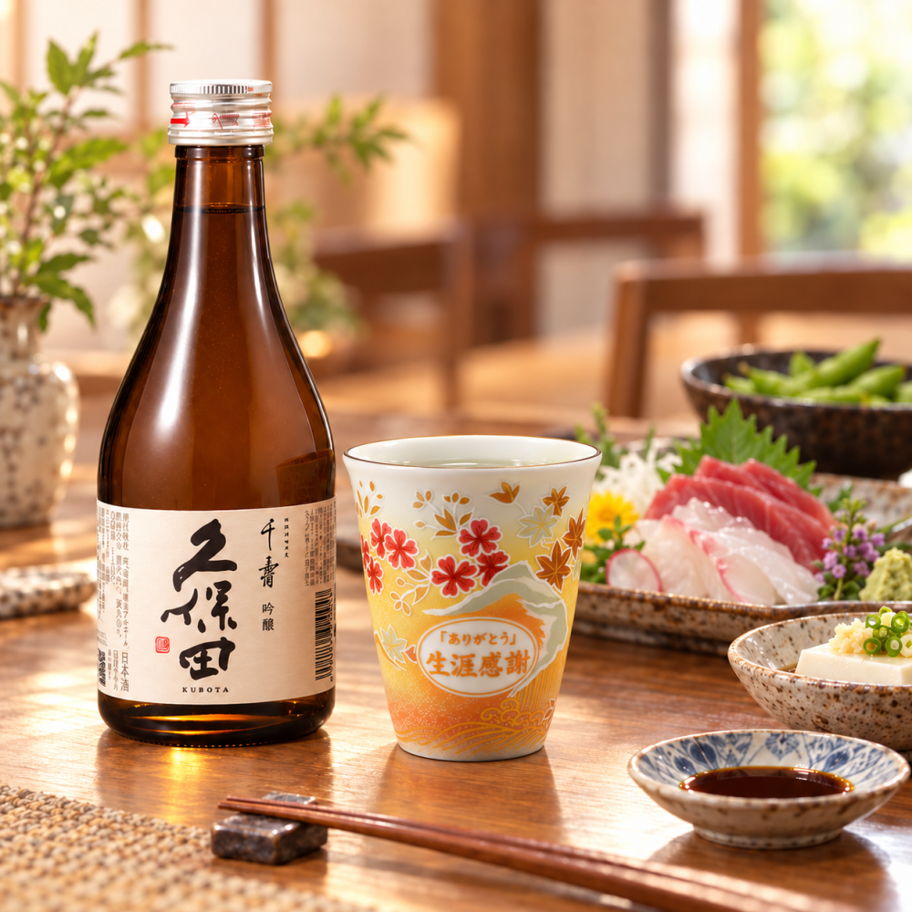 退職 異動 名入れ ギフト SXX 酒セット 日本酒 久保田 吟醸 千寿 300ml & 有田焼 桜もみじプレミアムフリーカップ コサージュ付 ギフトBOX入り / プレゼント ギフト 退職 記念 誕生日 還暦 傘寿 米寿 緑寿 長寿 祝い
