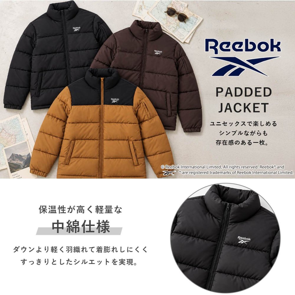 Reebok リーボック 中綿ジャケット レディース 長袖 アウター スタンドカラー フルジップ  軽量 防寒 あたたかい ロゴ スポーツ ブランド 大きいサイズ ゆったり ユニセックス 大人 カジュアル アウター 春 秋 冬 M L LL 黒 別注 2026fw karlas