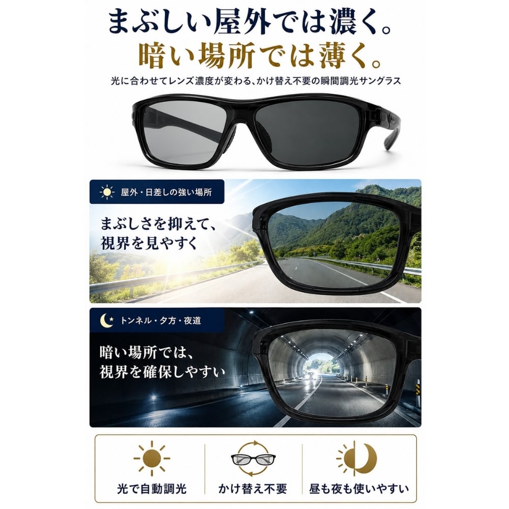 【ラッピング無料】Gran Walker グランウォーカー 偏光サングラス 瞬間調光 UV400 ギフト 車用品 日除け 日焼け対策 自転車 ゴルフ サングラス メンズ キャンプ