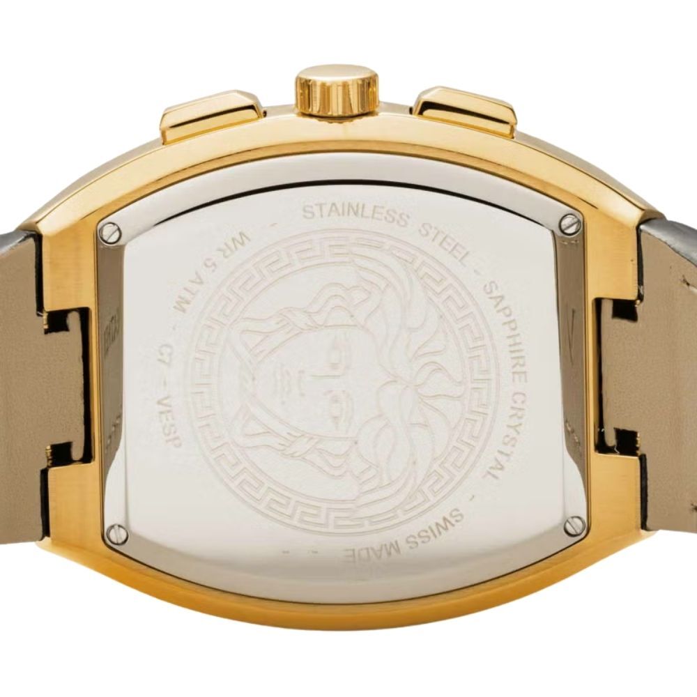 ヴェルサーチェ 腕時計 メンズ ゴールド ブラック クロノグラフ 44mm VERSACE SPORTY TONNEAU GRECA スポーティ トノー グレカ 黒 レザー 革ベルト スイス製 高級 ブランド おしゃれ プレゼント ギフト 卒業 入学 お祝い