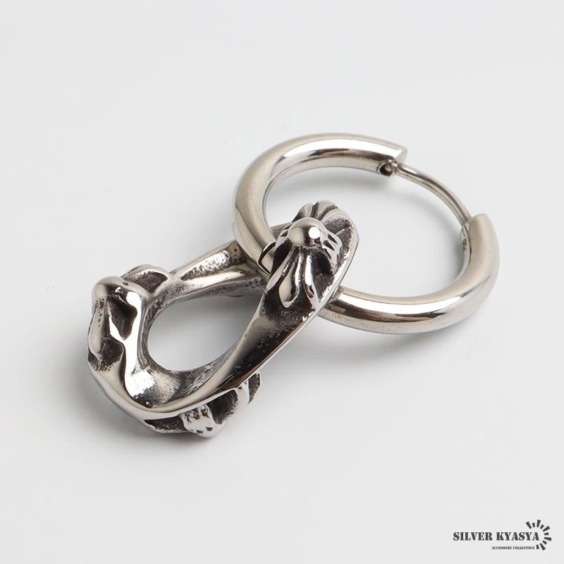 ステンレス チェーンの一コマピアス ドロップ クロス フープピアス ごつめ 揺れる かっこいい シルバー 片耳1点 十字架 大きめ 存在感 メタル メンズ 男性 金属アレルギー対応 イヤリング