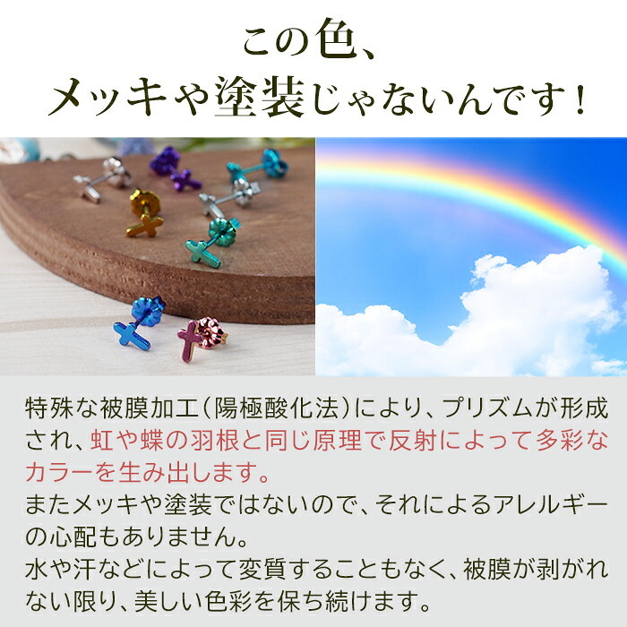 チタン ピアス つけっぱなし セカンドピアス 純チタン クロス 十字架 金属アレルギー 日本製 ポスト 軸太0.75mm 長さ10mm 全8色 全品1個ずつバラ売り 医療用 おすすめ かわいい シンプル 小さめ ミニ 極小 人気 メンズ レディース プレゼント