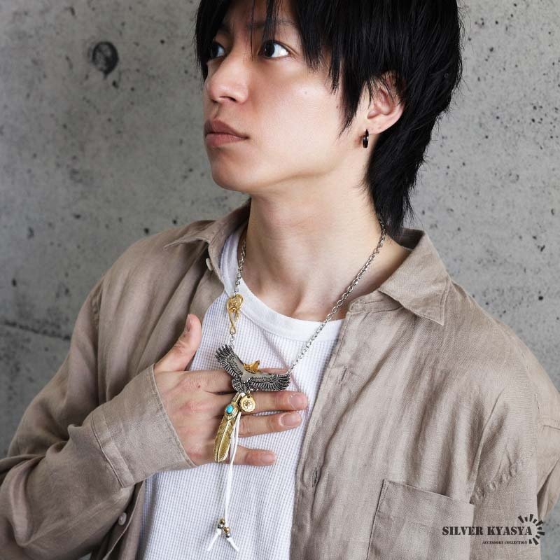 ステンレス 特大イーグルネックレス フェザーネックレス インディアンジュエリー ペンダントネックレス メンズネックレス 50cm 60cm 18KGP 太角 あずきチェーン 太陽メタル 細身 羽根 精巧 立体的 かっこいい 男性 金属アレルギー対応
