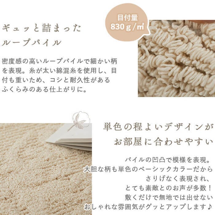 ラグ カーペット トラム アイボリー ベージュ 130×190 綿混 コットン 洗濯機OK HOT対応 床暖房対応 防ダニ抗菌 防臭 リビング グ HOT対応・床暖房対応 防ダニ