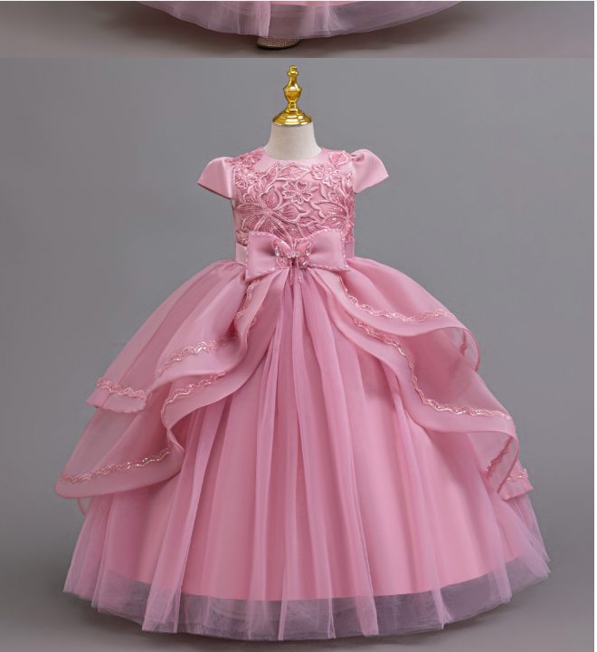 子供ドレス キッズ フォーマルドレス プリンセスドレス 女の子　子どもドレス　ロング丈　 発表会 結婚式 誕生日 七五三 110～160cm ピンク　ダークピンク　ホワイト　ワインレッド　リボン レース