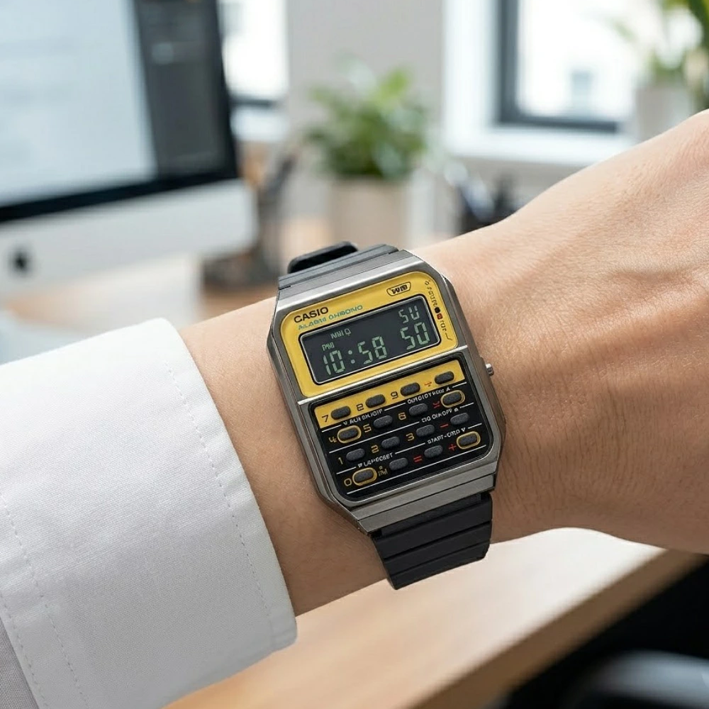 箱なし カシオ 腕時計 メンズ レディース CASIO 電卓 デジタル ガンメタ イエロー レトロ ヴィンテージ デュアルタイム ストップウォッチ アラーム 海外モデル 逆輸入 プレゼント ギフト 成人 卒業 入学