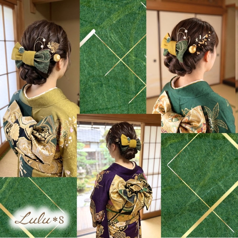 髪飾り 成人式 卒業式 結婚式 前撮り 袴 振袖 和装 畳縁 リボン 大きめ 水引 金箔 セット ヘアアクセサリー ヘッドドレス かんざし コーム 浴衣 七五三 大正ロマン レトロ モダン 着物 髪留め ヘアアレンジ 南天 黄色 緑 色打掛 白無垢 和洋折衷 贈り物 ギフト プレゼント Lulu＊s ルルズ