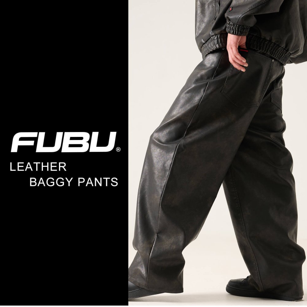 FUBU フブ レザーパンツ メンズ レディース fam-61502 フェイクレザー バギーパンツ ワイドパンツ 5ポケット 合皮 ルーズシルエット ジーパン ストリート ヒップホップ ダンス カジュアル ボトムス 32 34 36 38 2026 Karlas
