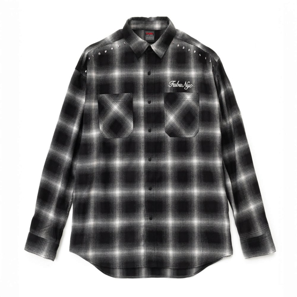 FUBU フブ チェックシャツ メンズ レディース fam-62100 スタッズ オンブレチェック ネルシャツ 長袖 シャツ スナップボタン 刺繍 オーバーサイズ ストリート ヒップホップ ダンス カジュアル M L XL XXL 2026FW Karlas