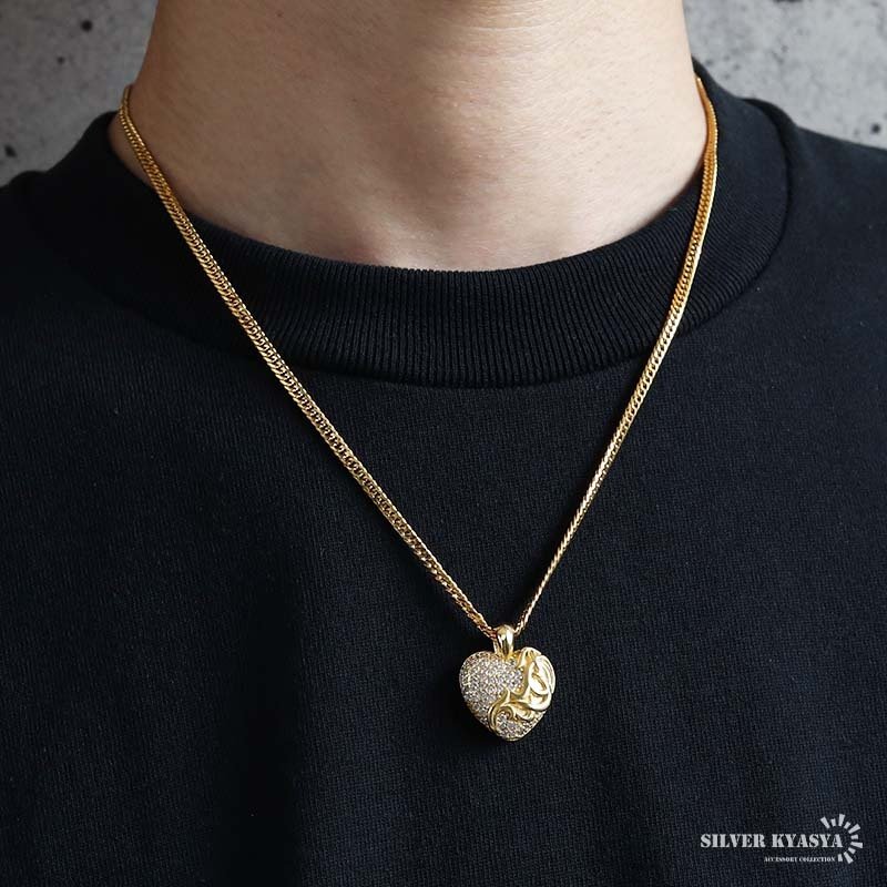 ステンレス ハートネックレス パヴェ ゴールド ダブル喜平 メンズ ペンダント ストーン ハートモチーフ 立体的 唐草模様 ゴールドカラー キラキラ 存在感 男性用 アクセサリー 首飾り ヒップホップ ストリート お兄系