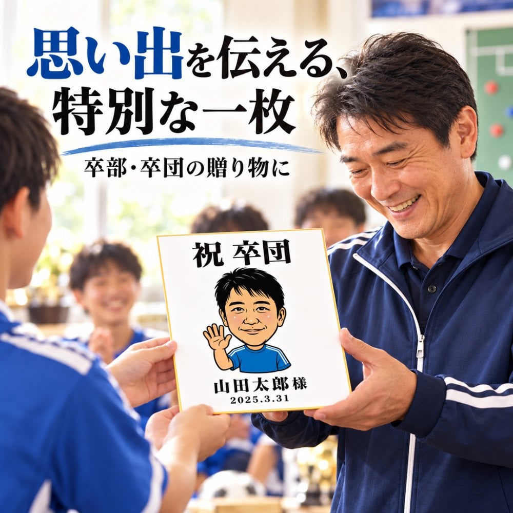 似顔絵 色紙 寄せ書き 卒部 卒団 卒業 写真から作る オーダーメイド 寄せ書き・似顔絵メインの2タイプから選べる 3種類の似顔絵タッチ ユニフォーム 名入れ メッセージ入り 野球 サッカー バスケ バレー 陸上 テニス 柔道 剣道 スポーツ 記念品 監督 コーチ プレゼント ギフト