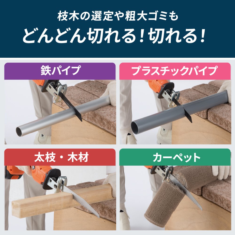 電動のこぎり 充電式 コードレスのこぎり 防刃手袋付き 予備バッテリー付き レシプロソー 最大3000回転 15mmストローク 替え刃4枚 木材 金属 プラスチック 枝切り 庭木 剪定 粗大ごみ 解体 DIY 日曜大工 LEDライト ロック機能 軽量 収納ケース 家庭用 ファミリー・ライフ