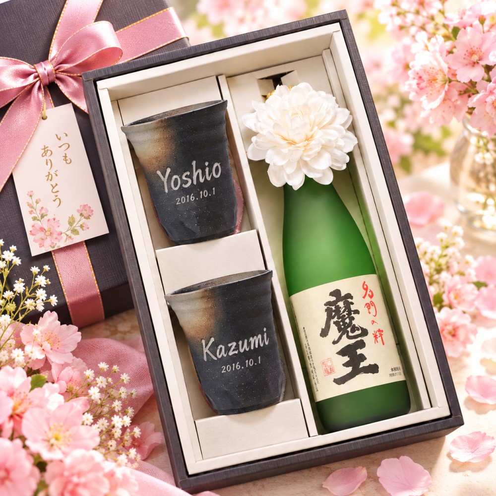 敬老の日 退職 名入れ ペアギフト SXX 酒セット 芋焼酎 魔王 720ml & 美濃焼 和みゴブレット 新ビスマルク 2点 コサージュ付 ギフトBOX入り / プレゼント ギフト 両親 夫婦 結婚 金婚式 銀婚式 退職 記念 誕生日 長寿 祝い