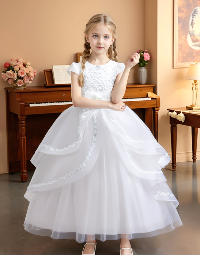 子供ドレス キッズ フォーマルドレス プリンセスドレス 女の子　子どもドレス　ロング丈　 発表会 結婚式 誕生日 七五三 110～160cm ピンク　ダークピンク　ホワイト　ワインレッド　リボン レース