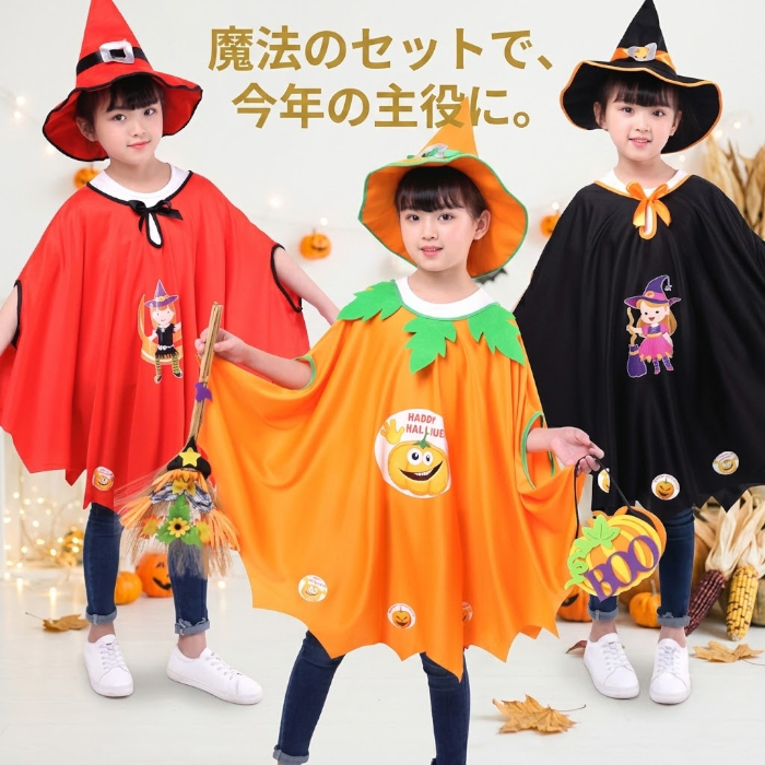 ハロウィン 衣装 子供 魔女 かぼちゃ 黒猫 コスプレ 仮装 キッズ 女の子 ケープ マント コスチューム パンプキン ウィッチ 魔法使い ハロウィンパーティー イベント