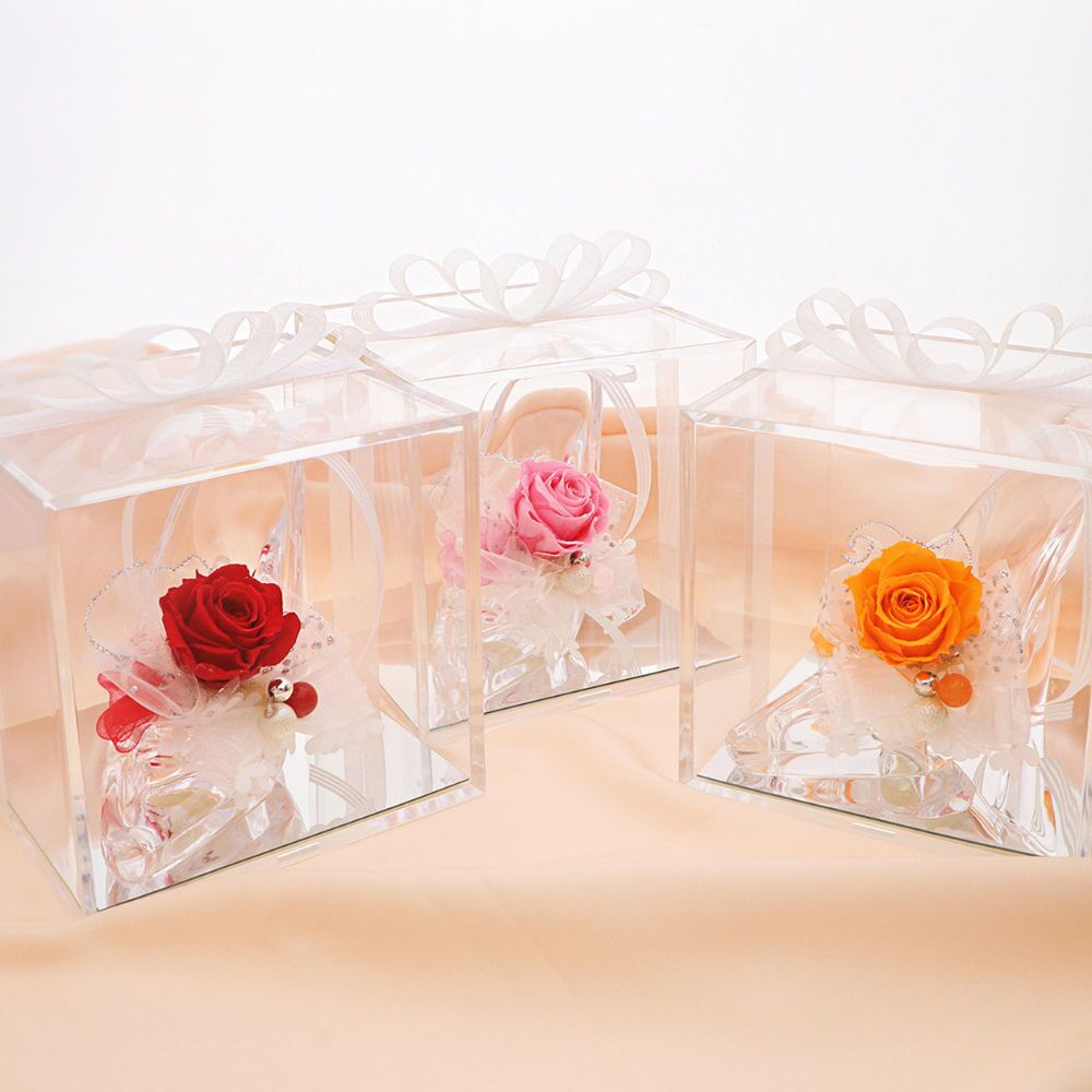 ガラスの靴 プリザーブドフラワー 花 【8色から選べる】 天然石 カルセドニー ｜ 誕生日 プレゼント 女性 彼女に人気のシンデレラ風フラワーギフト ｜ 推しカラー 赤 青 ピンク 紫 黄色 緑 白 オレンジ ケース入り リボン付 花婚式 結婚4周年 【花ソムリエ】
