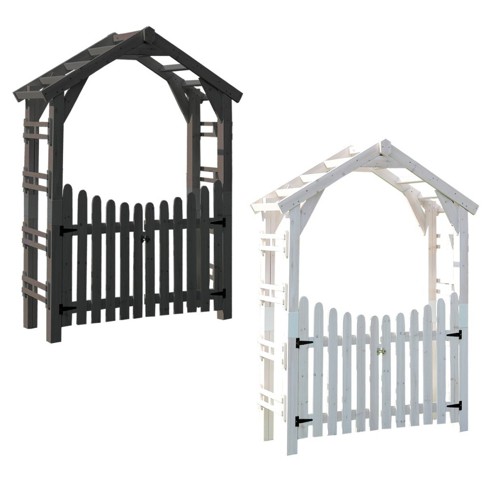 ガーデン エクステリア 天然木製三角アーチ ゲートセット 「WOOD CHURCH」 ウッドチャーチ アーチとゲートのセット アーチ 門 ゲート 木製 diy キット 扉 両開き 外開き 観音開き 庭 入口 門扉 ホワイト ダークブラウン おしゃれ 北欧 新生活