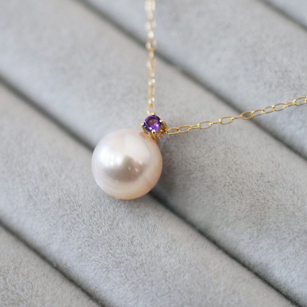 ［pearl598］8mm - 8.5mm ホワイトピンク ペンダント ネックレス 2月 誕生石 アメジスト あこや真珠