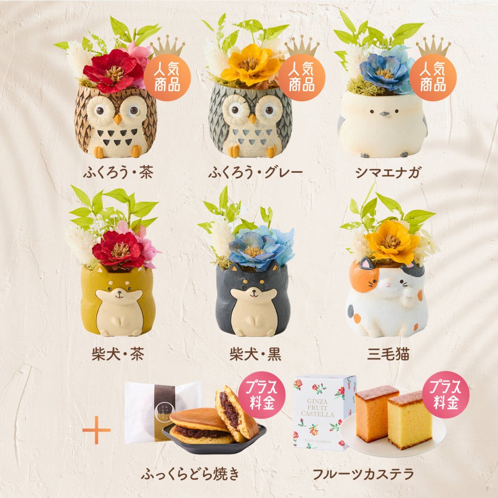 敬老の日 ギフト 花 アニマルポット プリザーブドフラワー フクロウ シマエナガ 選べるアニマル花器のギフトセット