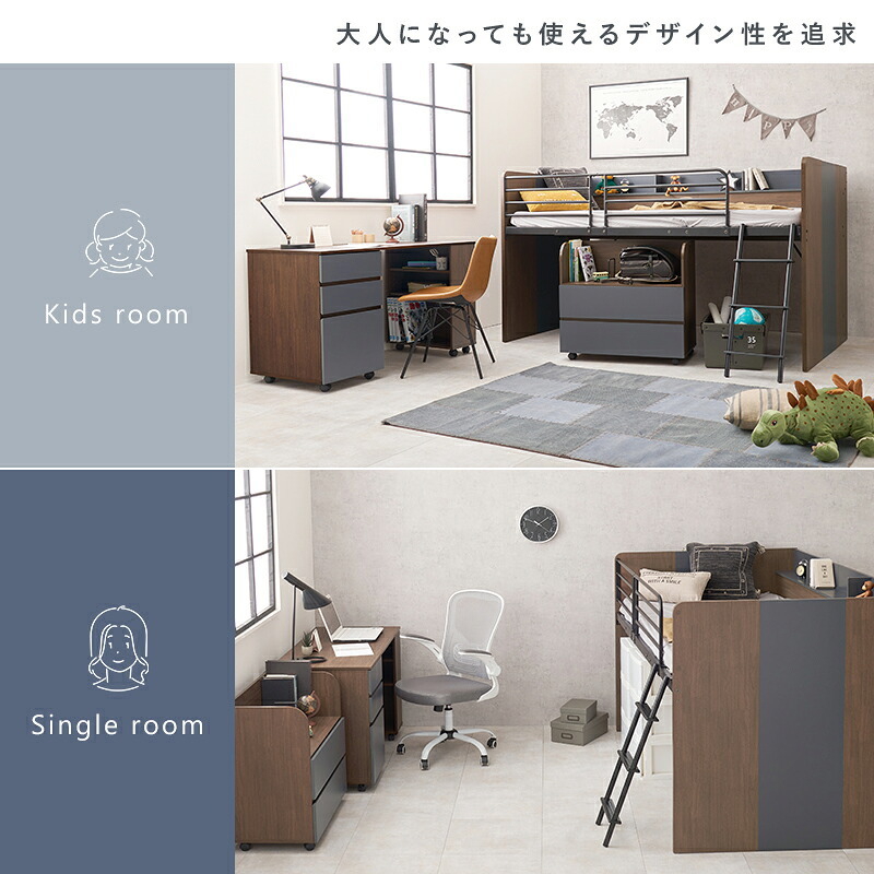 学習机 システム RB-1642S デスク+ワゴン+ 3点セット ロフト 下収納 キャスター付き デスク 学習デスク 勉強机 サイドワゴン かわいい 子供部屋 キッズ家具 子ども部屋 進学 入学 ワゴンの付いたシステムベッド スチール インテリア 新生活