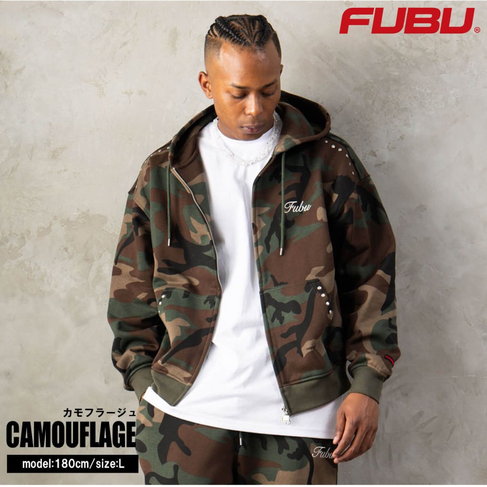 FUBU フブ パーカー メンズ レディース fam-62706 スタッズ ジップ フーディー フルジップ ジップアップ スウェット 迷彩 カモフラ 刺繍 ビッグシルエット ストリート ヒップホップ ダンス カジュアル トップス M L XL XXL 2026FW Karlas