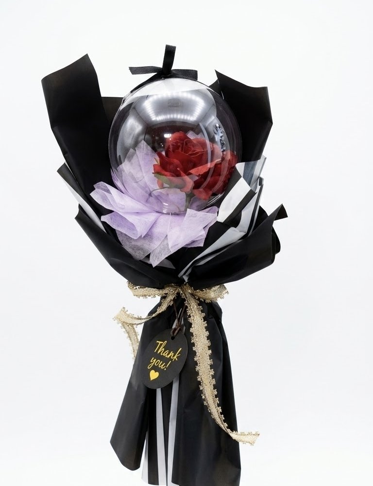 バルーンフラワーミニブーケ１輪花束 バルーンブーケ【選べる４色】　推し活 メンカラ 薔薇 プチギフト 韓国風 シック モノトーン 誕生日 発表会 卒業式 卒園式 送別会 記念品 お配り用 おしゃれ かわいい ギフト　プレゼント フラワーバルーン 造花 アートアクアバルーン