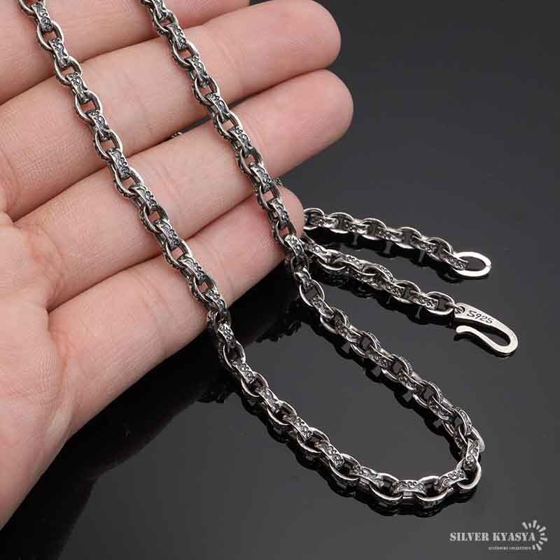 シルバー925 唐草模様 アラベスク ペーパーチェーン 幅4mm シルバー ネックレスチェーン 重厚 フックタイプ シルバーネックレス メンズ 男性 金属アレルギー対応