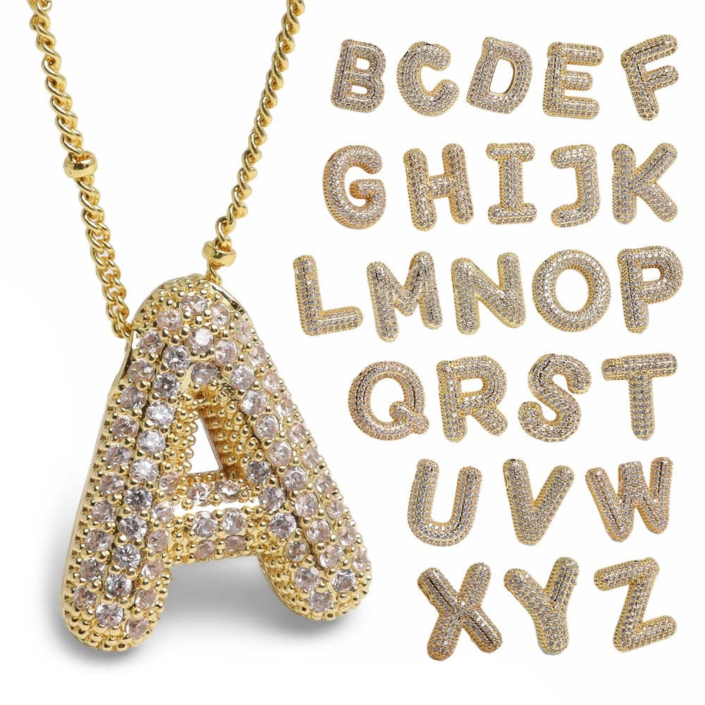 ステンレス イニシャルネックレス 大ぶり ゴールド パヴェ レディース ペンダント 英文字 AからZ 全26タイプ ストーン ぷっくり モチーフ チェーン ビーズ 華やか 上品 大人可愛い カジュアル アクセサリー 金属アレルギー対応