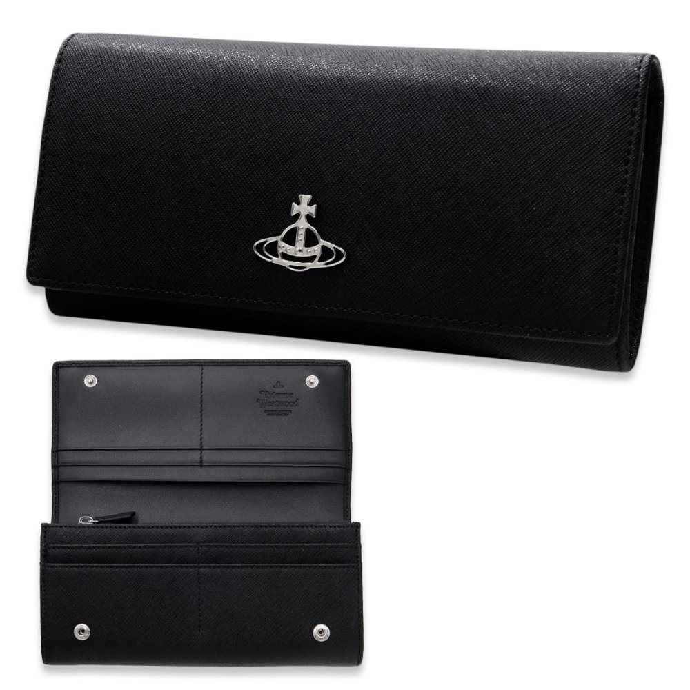 ヴィヴィアンウエストウッド 財布 長財布 メンズ レディース Vivienne Westwood 51120005 L001N LA N402 ブラック 黒 サフィアーノ 本革 小銭入れあり かぶせ フラップ オーブ ロゴ ギフト プレゼント