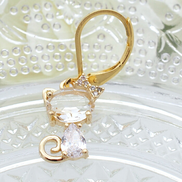 ピアス 金属アレルギー サージカルステンレス フック 落ちない 引っかからない 外れにくい フック 猫×ラインストーン ピアス カラビナ シンプル かわいい