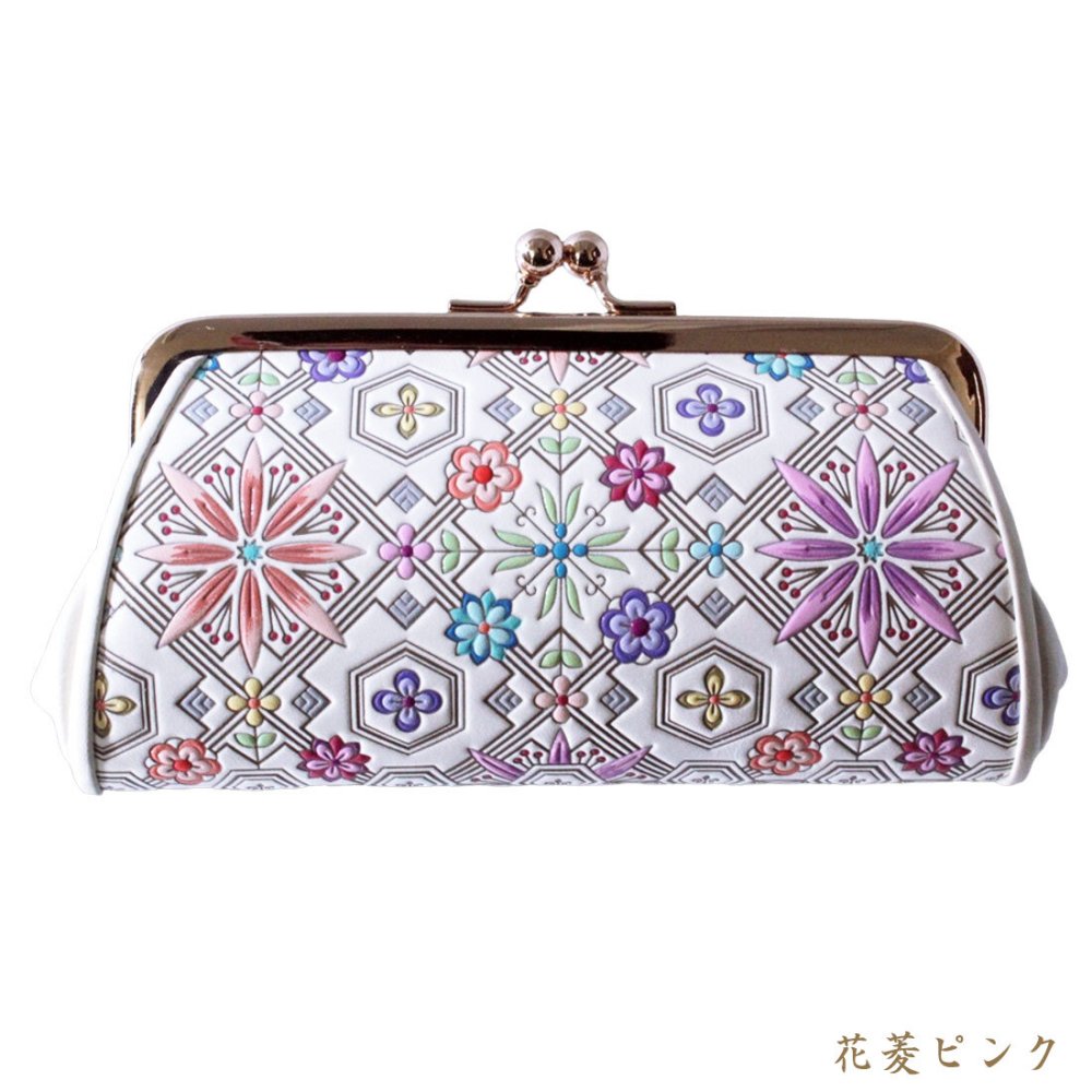 浅草文庫 がま口 財布 花菱 親子 WA-4 コインケース 小銭入れ 友禅染 浅草 文庫革 江戸小紋 ミニ ガマ がまぐち 送料無料 レザー 牛革 レディース ギフト プレゼント