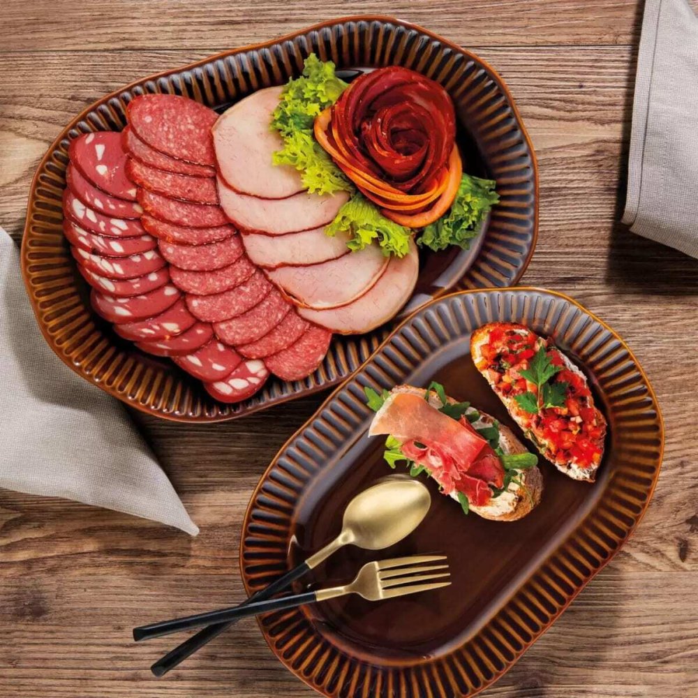 シグネチャーハウスウェアーズ  ( Signature Housewares )  オーバルサービングプラッター 大・中2枚セット ブラウン #54432  ストーンウェア皿   パーティー・来客用食器
