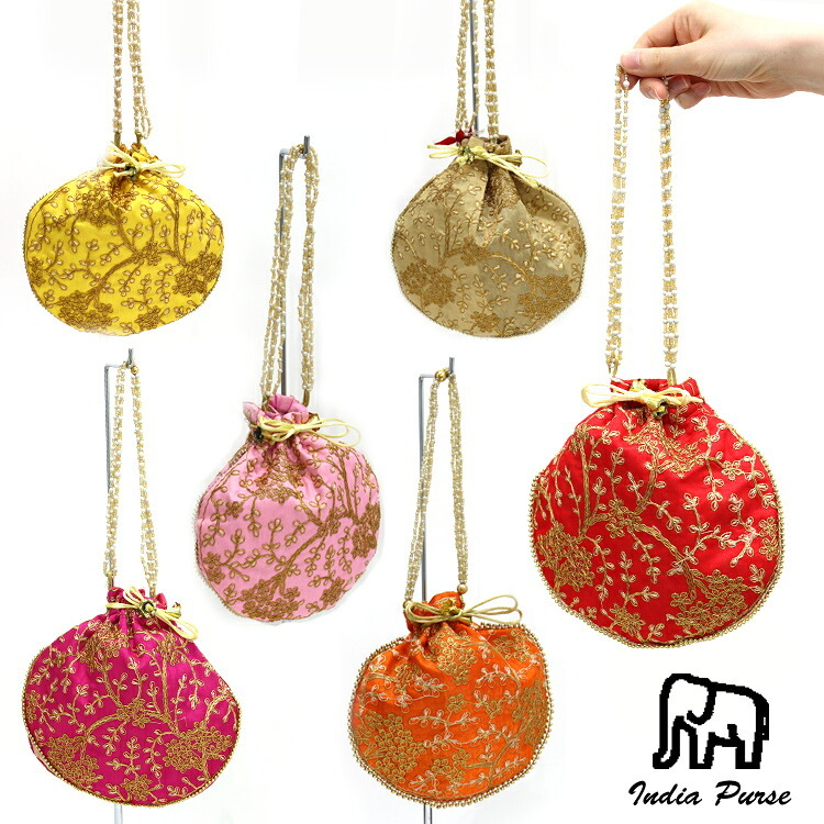 定形外送料無料 インド 巾着ミニポーチ ミニバッグ ポーチ 刺繍  サリー 民族衣装 財布 小物入れ 花柄 民族柄 ポシェット アジアン レディース エスニック 手作り ハンドメイド マチなし