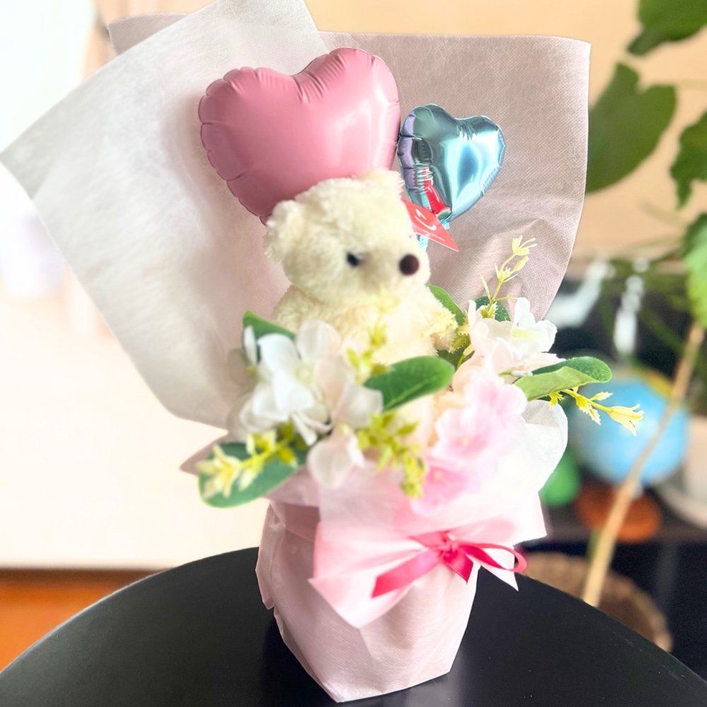 くま入り バルーンフラワーブーケ 花束 ハートバルーン ギフト 誕生日 プレゼント 発表会 卒業祝い 入学祝い 結婚祝い 記念日 女性 女友達 子供 お祝い ぬいぐるみ おしゃれ かわいい バルーンブーケ フラワーギフト ピンク ブルー ブラウン