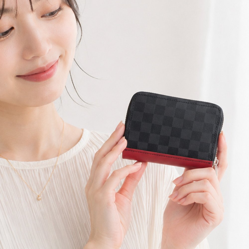 送料無料 お札が折れない コンパクトウォレット 【 姫路レザー - 市松 - 】 革 レザー チェック ブラック レッド プレゼント