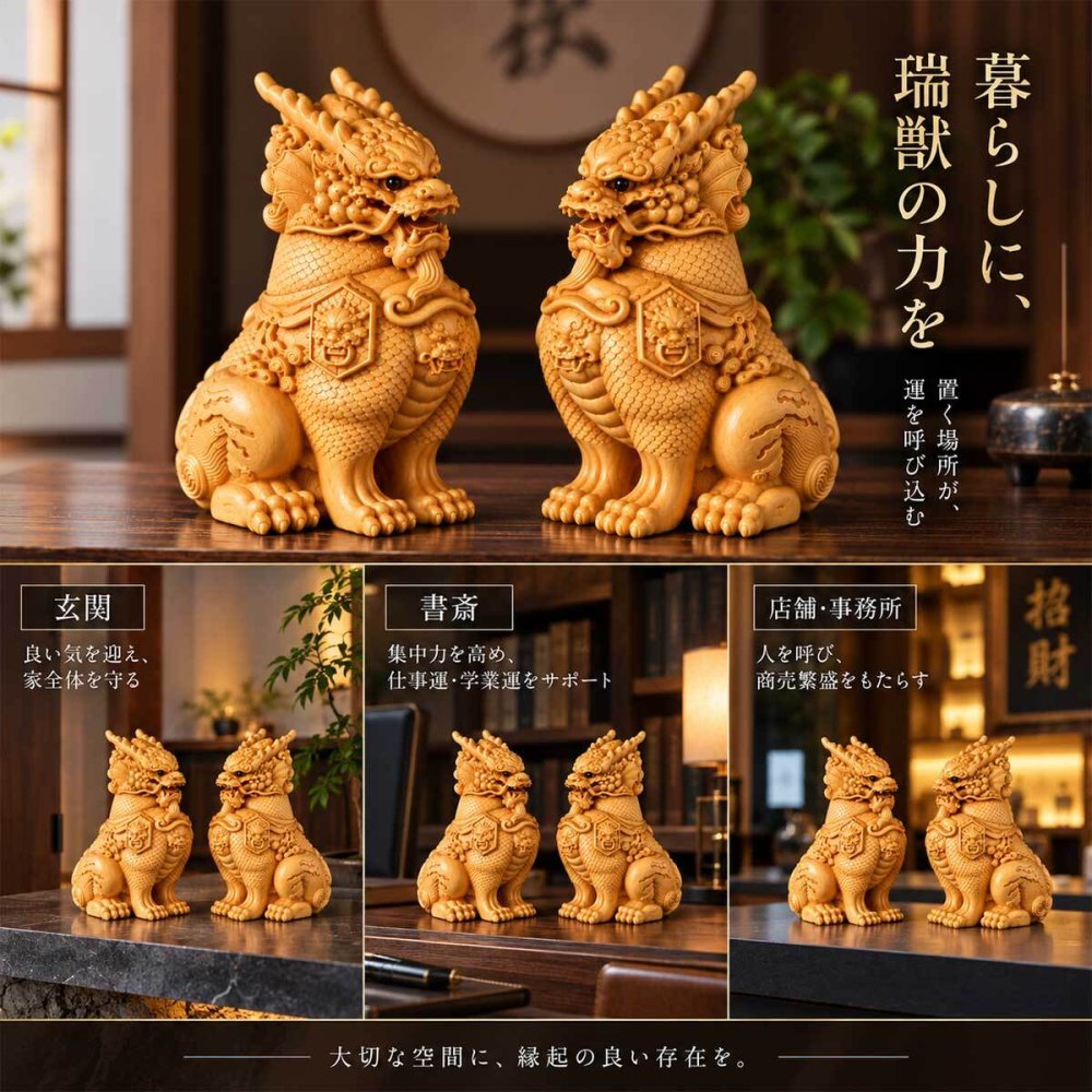 麒麟 置物 一対 黄楊木 天然木 木彫り 開運 風水 瑞獣 招福 厄除け 玄関 風水グッズ インテリア