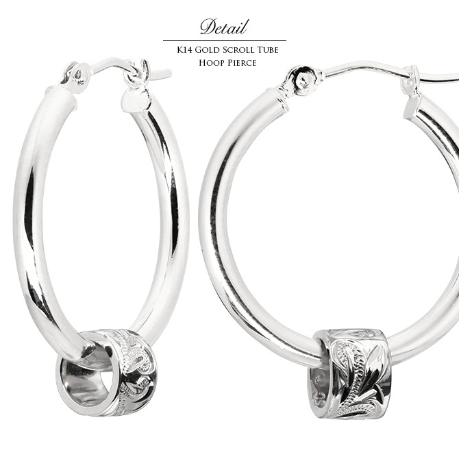 ハワイアンジュエリー フープピアス ピアス ホワイトゴールド ピアス 外径20mm クロッシングピアス スクロールチューブ 大ぶり ゴールド 揺れる 片耳(1個)購入可 K14 14KPM2053 彼女 妻 女性 レディース プレゼント ハロウィン 【品番：GE233W】
