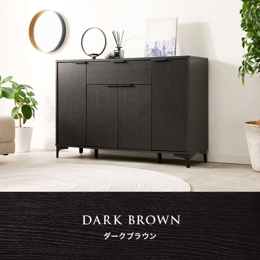 木目調キャビネット 幅120cmタイプ 引出し付き リビングキャビネット オシャレ 幅120 脚付きキャビネット ミドルボード リビング収納棚 小物キャビネット スタイリッシュ 扉付き ナチュラル シンプル 北欧 レトロ