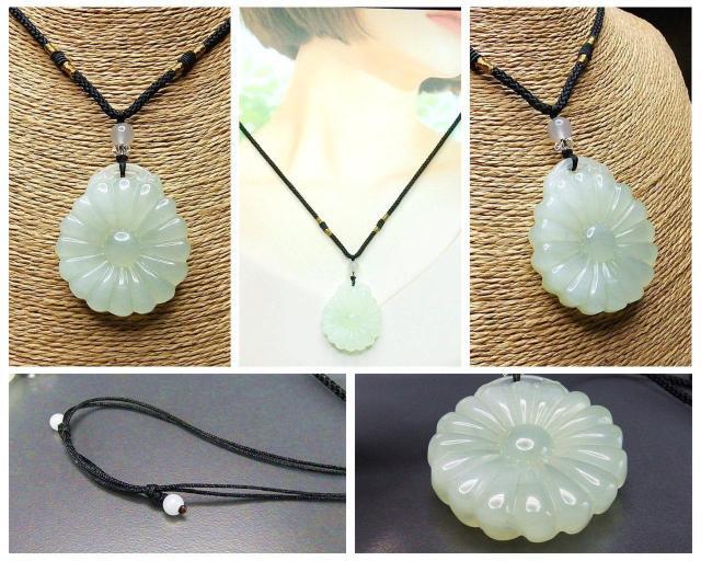 菊花紋彫りネフライト軟玉ヒスイ天然石ネックレス